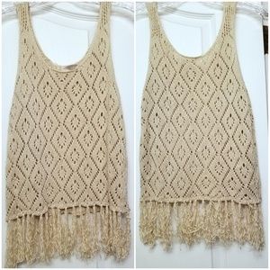 Tan Knitted Crop Top with Fringe